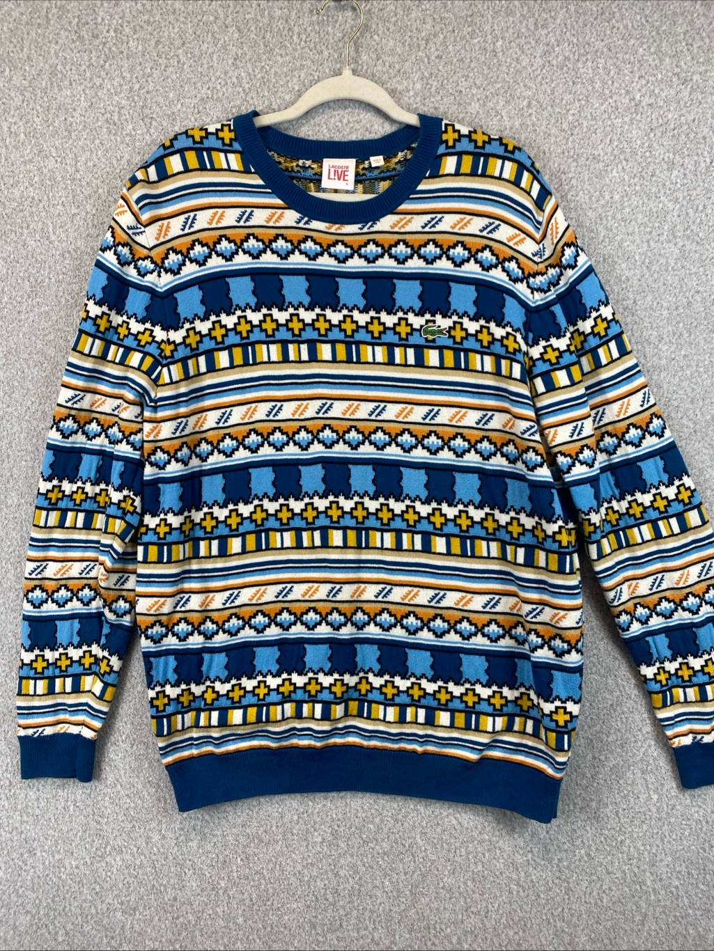 Lacoste Live Mens Sweater Sz 6 (L) Blue Yellow Aztec Geometric Fair Isle